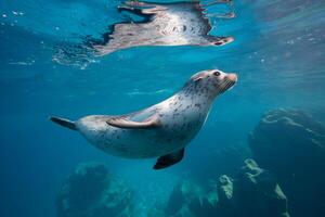 Graceful seal swimming in clear blue waters, showcasing speckled coat photo
