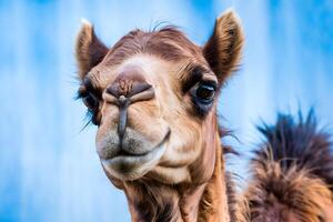 Camel close up, brown fur contrasts with soft blue background, creating striking visual photo