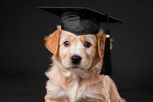 Golden puppy with graduation cap, looking playful against dark background photo
