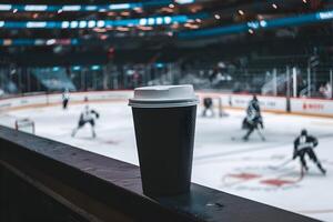 Black coffee cup on ledge overlooking rink, creating cozy stadium atmosphere photo
