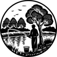A black and white image of a man fishing in a circle vector