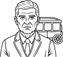 A man in a suit and tie is standing next to a bus vector
