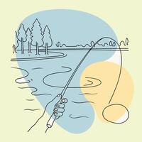 A hand holding a fishing rod and a lake in the background vector