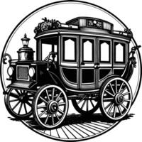 An old fashioned horse and carriage is shown in black and white vector