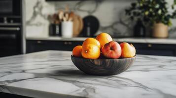 modern kitchen featuring wooden bowl filled with fresh apples and oranges on marble countertop, creating vibrant and inviting atmosphere photo