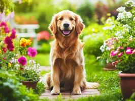 fluffy golden retriever puppy sitting in vibrant garden filled with colorful flowers, radiating joy and playfulness. This adorable scene captures essence of sunny day photo