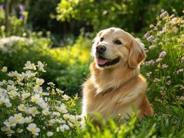 fluffy golden retriever puppy sitting in vibrant garden filled with flowers, exuding joy and playfulness. lush greenery and colorful blooms create serene atmosphere photo