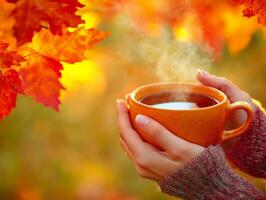 Warm hands cradle steaming cup of tea amidst vibrant autumn leaves, evoking cozy and inviting atmosphere perfect for relaxation photo