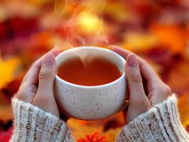 close up of hands holding steaming cup of tea surrounded by colorful autumn leaves creates warm and cozy atmosphere photo