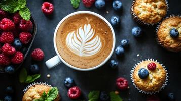 latte with intricate leaf foam art surrounded by fresh raspberries, blueberries, and muffins creates delightful and inviting scene photo