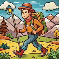 A cartoon man with a backpack and a lantern is walking through the mountains vector