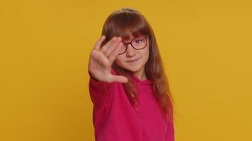 Angry girl say No hold palm folded crossed hands, warning of finish, Stop gesture, declining talk video