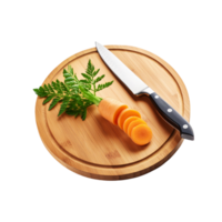Carrot slices with wooden chopping board and knife on transparent background png