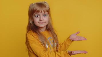 Child girl kid raising hands asking what why reason of failure, disbelief irritation by troubles video