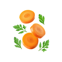 Falling fresh carrot slices with green leaf on transparent background png