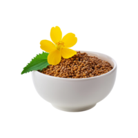 Mustard seeds bowl with flower on transparent background png