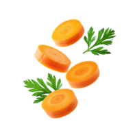 Falling fresh carrot slices with leaf on transparent background png
