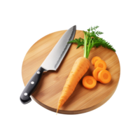 Fresh Carrot slices with wooden chopping board and knife on transparent background png