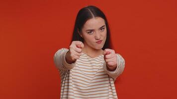 Angry aggressive woman showing fig negative gesture, you dont get it anyway, rapacious, avaricious video
