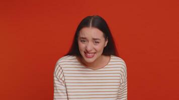 Amused smiling pretty woman pointing finger to camera, laughing out loud funny joke anecdote video
