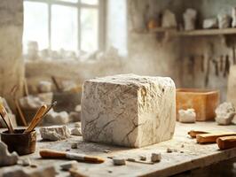 Sculptors workshop with marble block being chiseled. Art and craftsmanship in progress photo