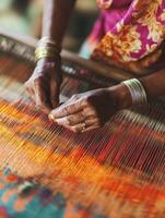Traditional weaving techniques. Artisan crafting colorful textiles by hand photo