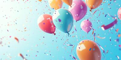 Festive celebration with playful multicolored balloons and confetti on blue background photo