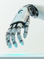Futuristic white robotic hand with mechanical parts in close up view photo