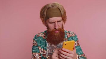 Man use smartphone typing browsing, loses becoming surprised sudden lottery results, bad fortune video