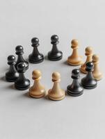 Minimalist flat lay of chess pawns arranged in a circle for creative strategy design photo