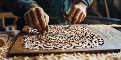 Artisanal woodworking. Skilled carpenter crafting intricate patterns for decorative design photo