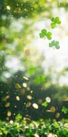 Lucky green shamrocks and coins fall against a soft green gradient background photo
