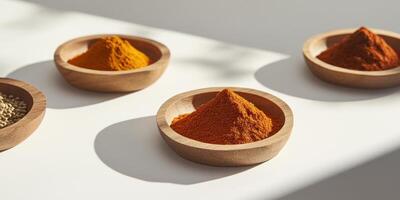 Culinary spice collection. Flat lay of middle eastern spices featuring turmeric and paprika photo
