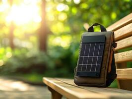Innovative solar panel backpack on park bench amidst sunlit greenery photo
