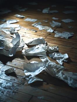Symbolic imagery of moral burnout and scattered sheets on wooden floor photo