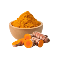 Bowl of turmeric powder on transparent background png