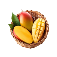 Top view of ripe mango with slice on transparent background png