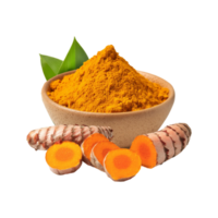 Bowl of Turmeric powder with slices and leaf on transparent background png