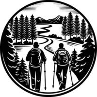 Two hikers walking on a trail in the woods vector