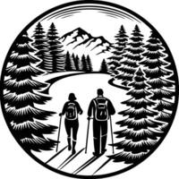 Two people hiking in the woods with trees and mountains in the background vector