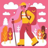 A man with a backpack and ski poles is walking through the woods vector