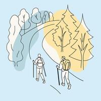 Two people hiking in the woods with backpacks vector