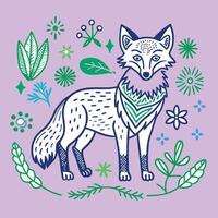 Fox illustration with flowers and leaves vector