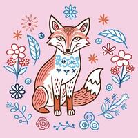Fox with flowers and leaves on pink background vector