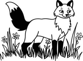 A black and white drawing of a fox in the grass vector