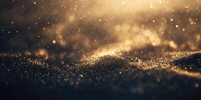 Glittering golden sparkles on dark matte background for elegant design and decoration photo