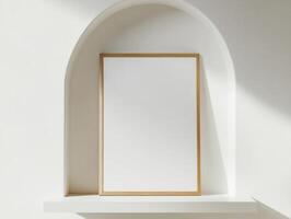 Minimalist art display with blank poster frame in sunlit archway niche for creative design concepts photo