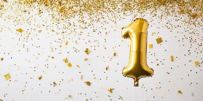 Festive celebration with golden number one balloon and sparkling confetti photo