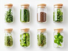 Assorted fresh herbs in glass jars with wooden lids photo