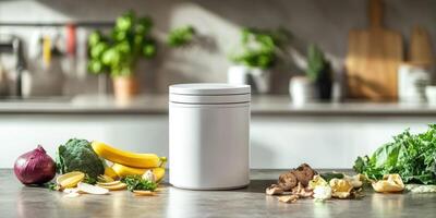 Minimalist compost bin on modern kitchen counter with fresh produce photo